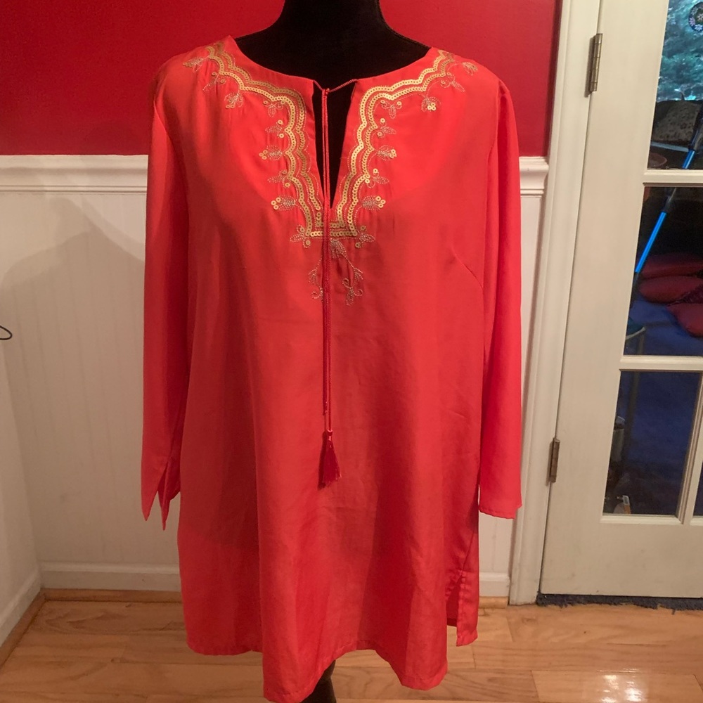 Long reddish orange tunic top with gold embellishments. Size XL